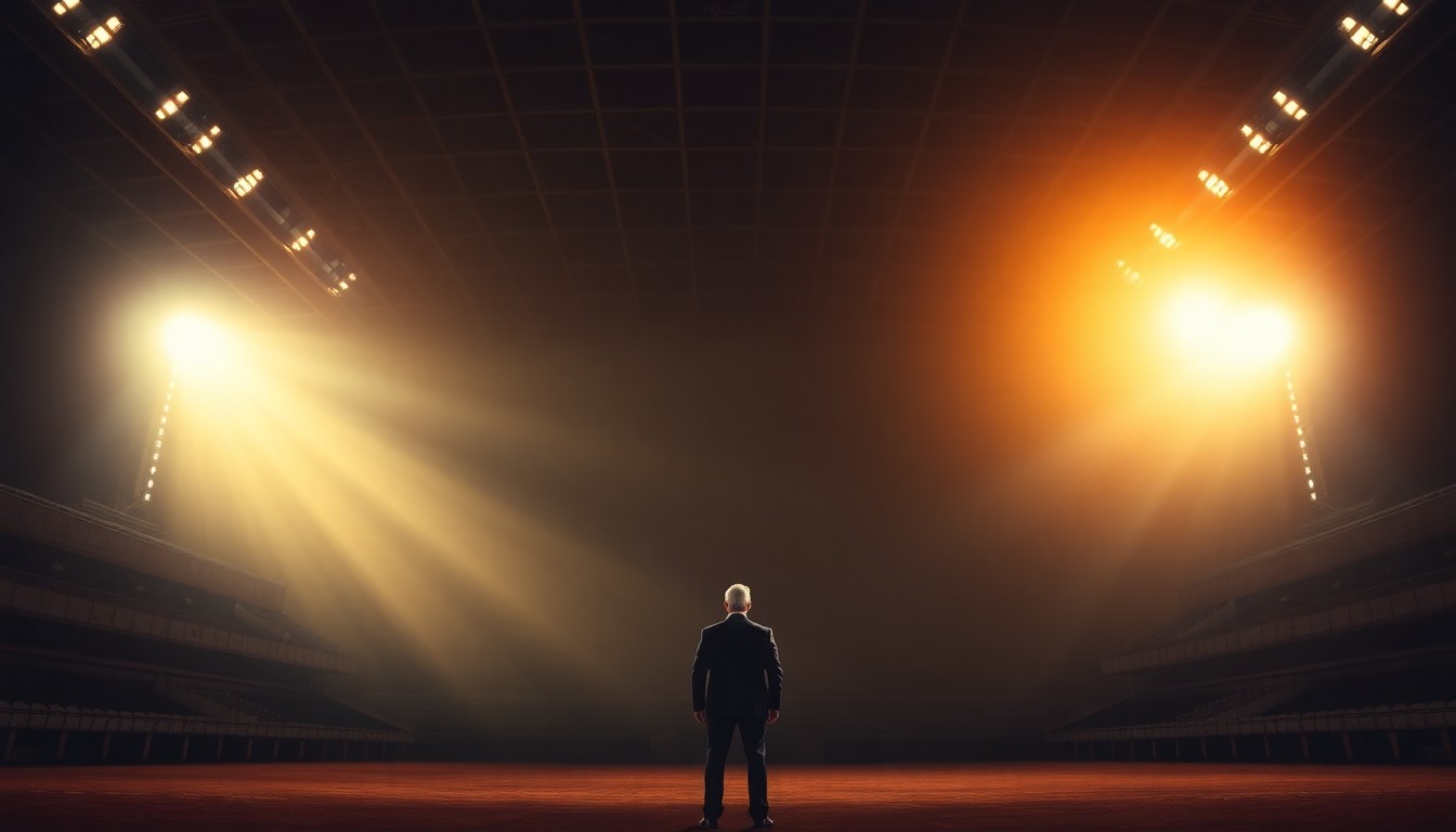 A cinematic painting of a lone figure standing in the shadows of an empty arena, with warm diagonal sunlight casting dramatic shadows, conceptually representing the political polarization surrounding a former leader.