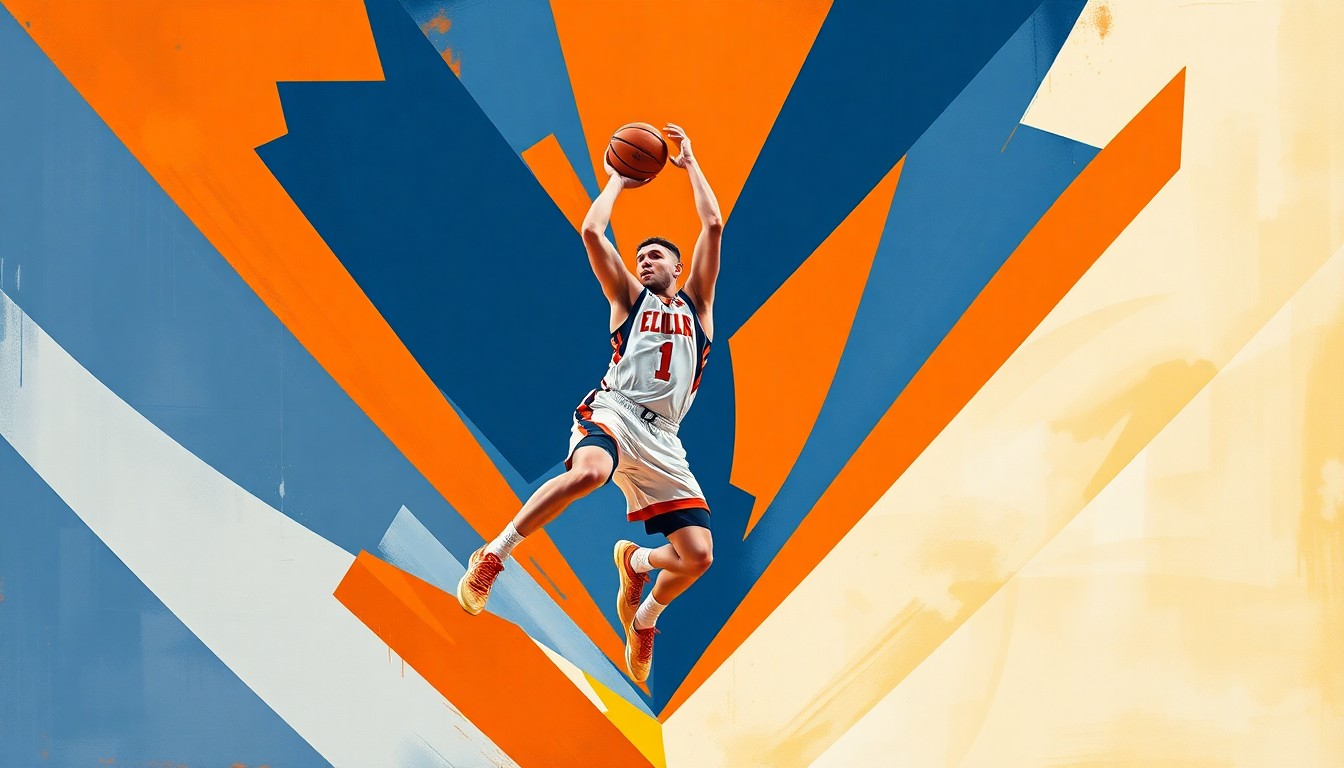 A fragmented, geometric painting depicting a basketball player's movements and skills, rendered in bold strokes of orange, blue, and white to conceptually represent the University of Illinois team.
