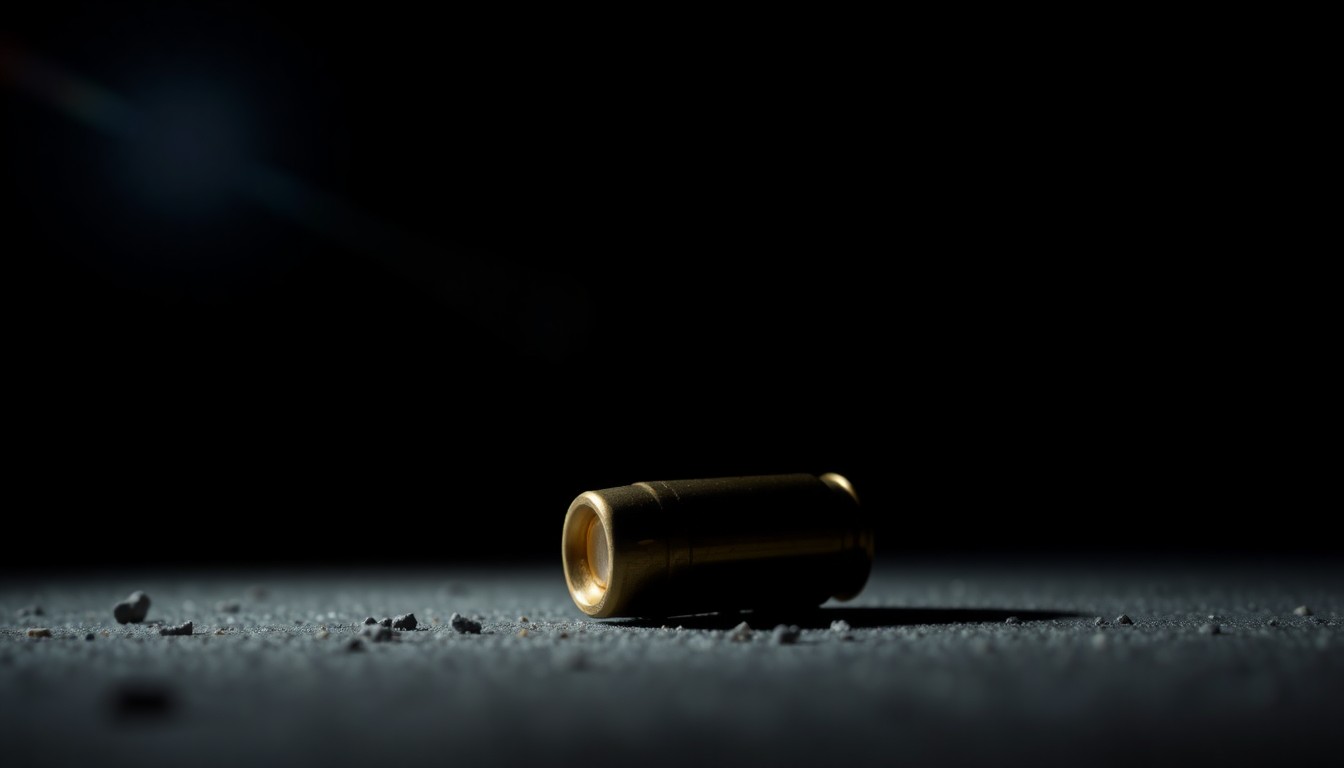 An extreme close-up photograph of a bullet casing on the ground, lit by a harsh, direct camera flash against a pitch-black background, conceptually illustrating the gritty aftermath of a police shooting incident.