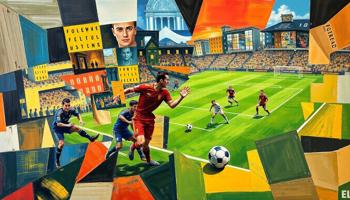 A cubist, geometric painting depicting a chaotic soccer match, with players and the ball fragmented into overlapping shapes and planes of color, conveying the intensity and controversy of the game's climactic moments.