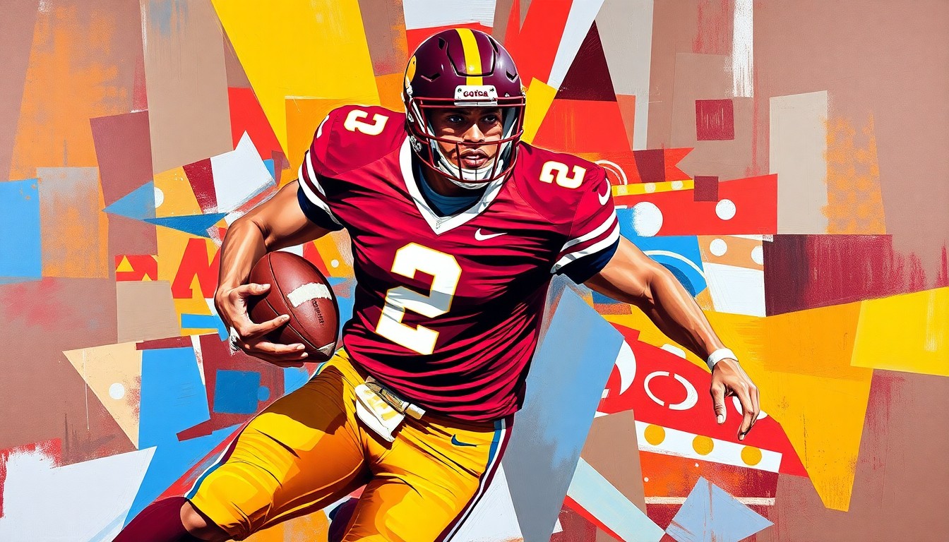 A fractured, geometric painting depicting a football player in action, with sharp planes of maroon and gold representing the Minnesota Gophers colors. The abstract style captures the dynamic energy of the sport.
