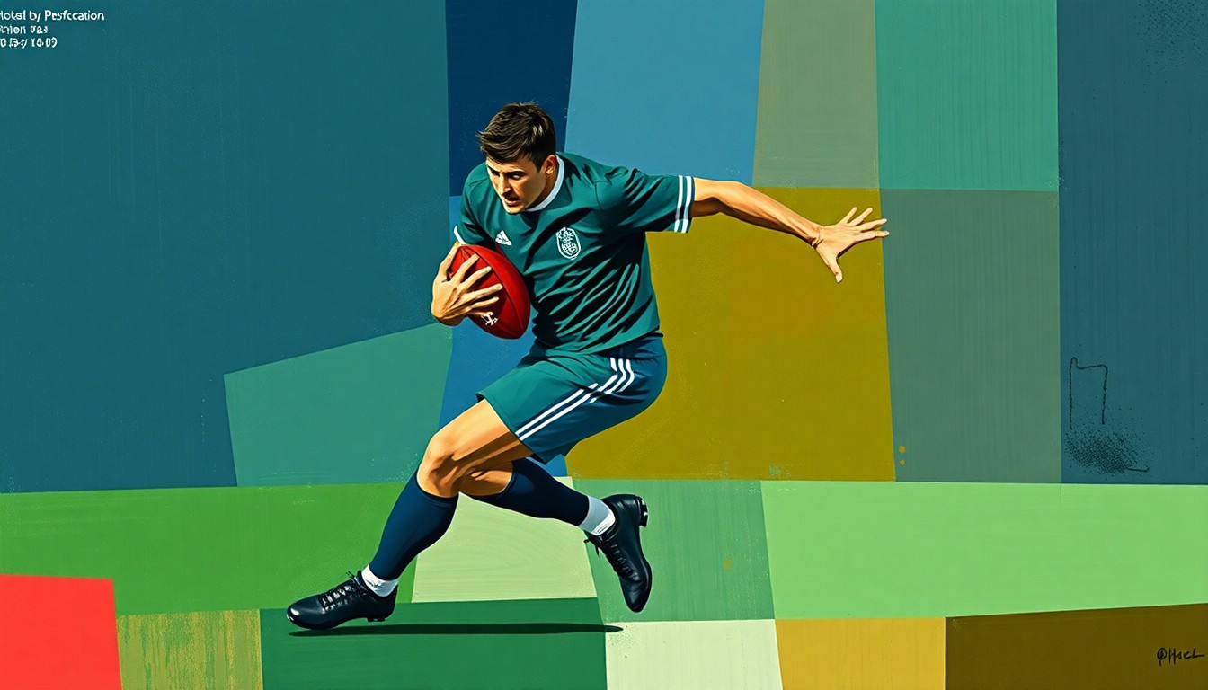 A fragmented, geometric painting in shades of blue, green, and brown, depicting a football player in mid-motion, their body and limbs broken down into sharp, overlapping planes, conveying the dynamic and adaptable nature of the Bengals' defensive options.