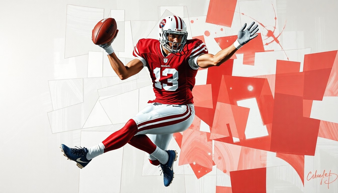 A fragmented, geometric painting depicting a college football player in mid-catch, with sharp planes of crimson, white, and gray overlapping to create a sense of motion and disruption.