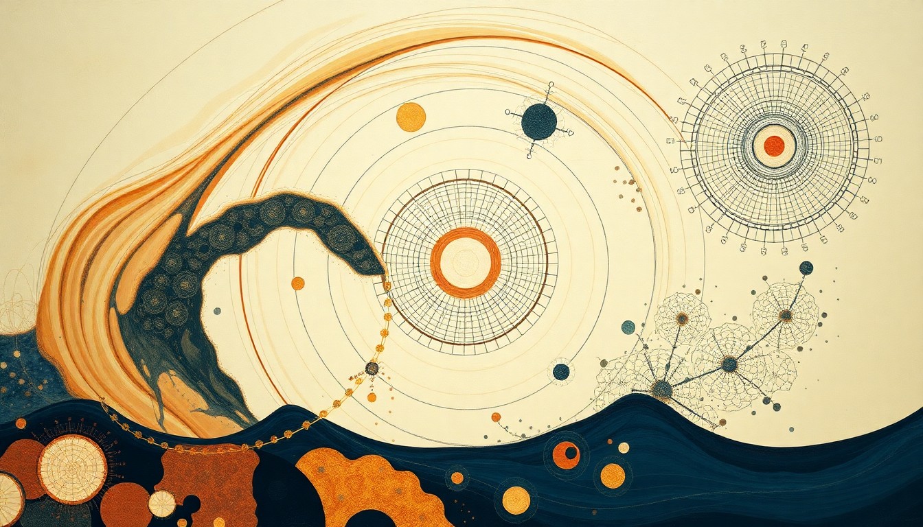 A highly structured, abstract painting in muted tones of green, blue, and brown, featuring sweeping geometric shapes and precise botanical spirals that visually represent the complex molecular structures and interconnected pathways of PFAS chemicals as they infiltrate and accumulate within marine ecosystems.