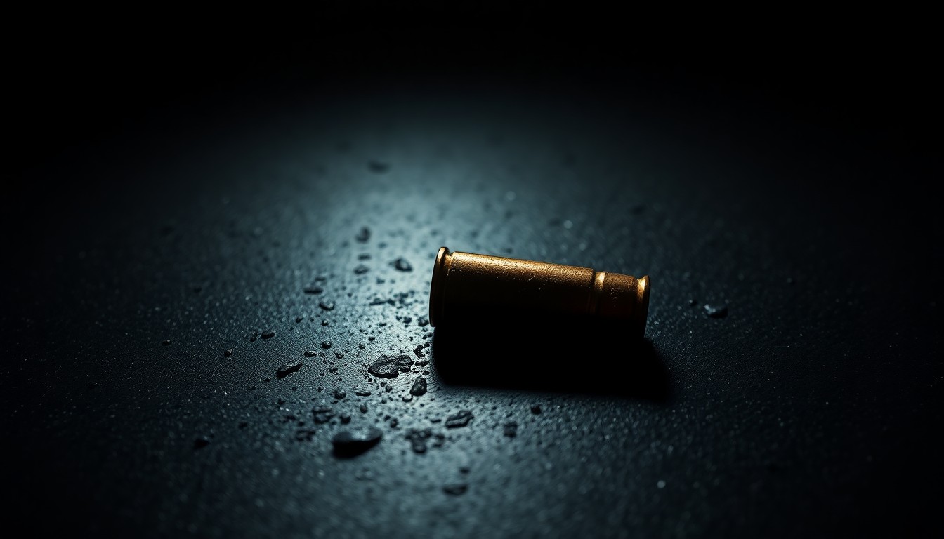 An extreme close-up photograph of a single spent bullet casing on a dark, textured surface, lit by a harsh, direct camera flash, conceptually representing the aftermath of a violent crime without depicting any literal violence.