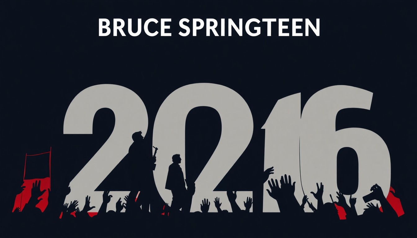 A bold, abstract illustration featuring stark black silhouettes and geometric shapes in muted colors, conceptually representing Bruce Springsteen's 2026 tour as a cultural statement on the state of democracy.