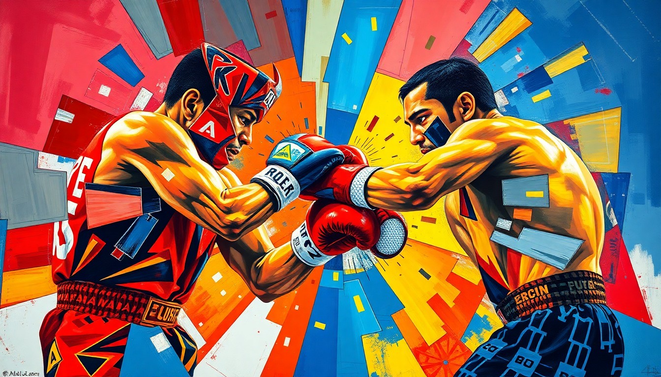 A cubist-style painting depicting the boxing match between Tenshin Nasukawa and Juan Estrada, with sharp, overlapping geometric shapes in vibrant colors representing the intensity and energy of the fight.
