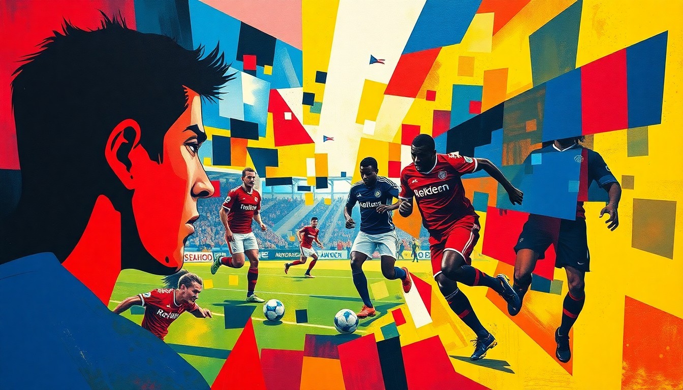 A cubist-style painting depicting a soccer match between Bayern Munich and St. Pauli, with the players' forms broken down into sharp, overlapping geometric shapes in vibrant primary colors.