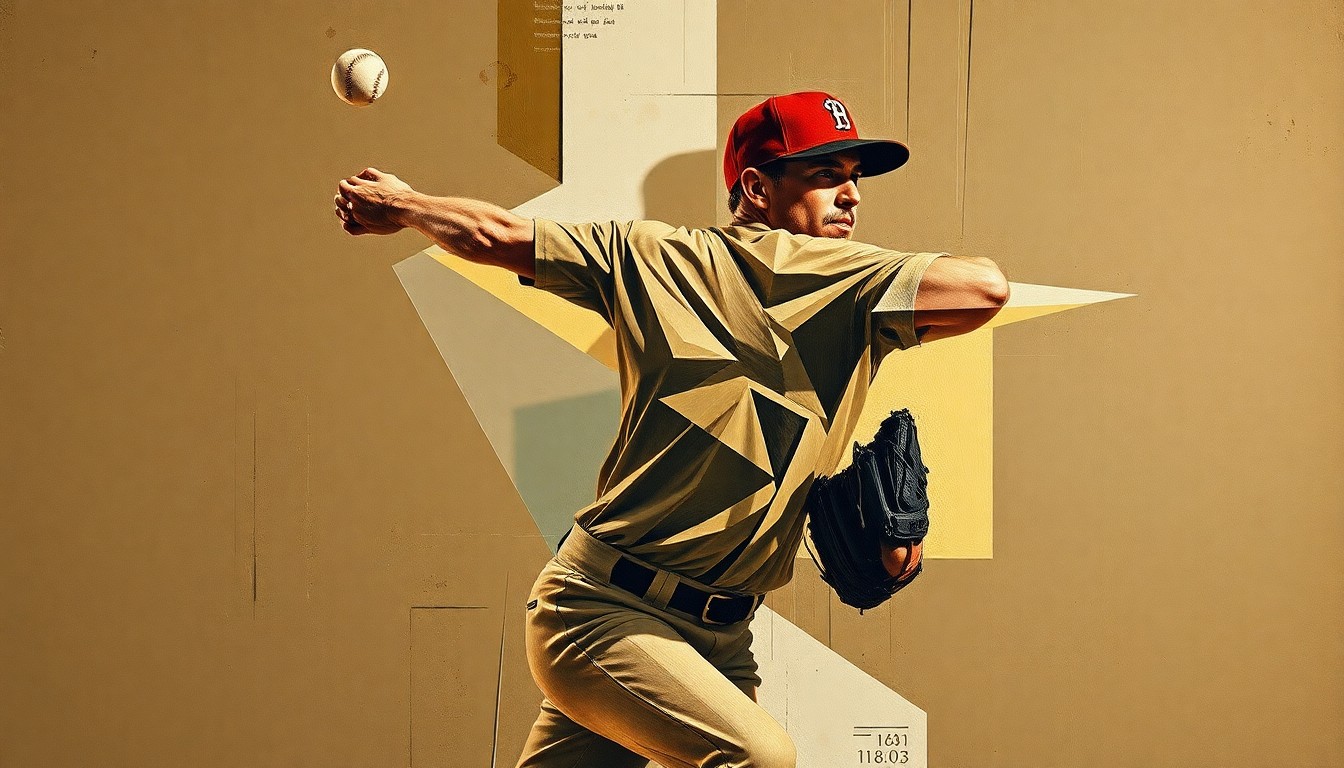 A cubist-style painting depicting a baseball pitcher's motion broken down into sharp, overlapping geometric shapes in muted earth tones, conveying the complex strategic decisions behind the Rockies' roster moves.