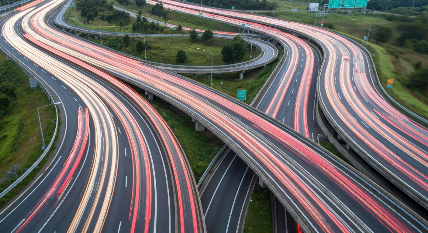 An abstract, colorful image of a busy highway interchange, with the cars and road blurred into sweeping, dynamic streaks, conveying a sense of motion and chaos.