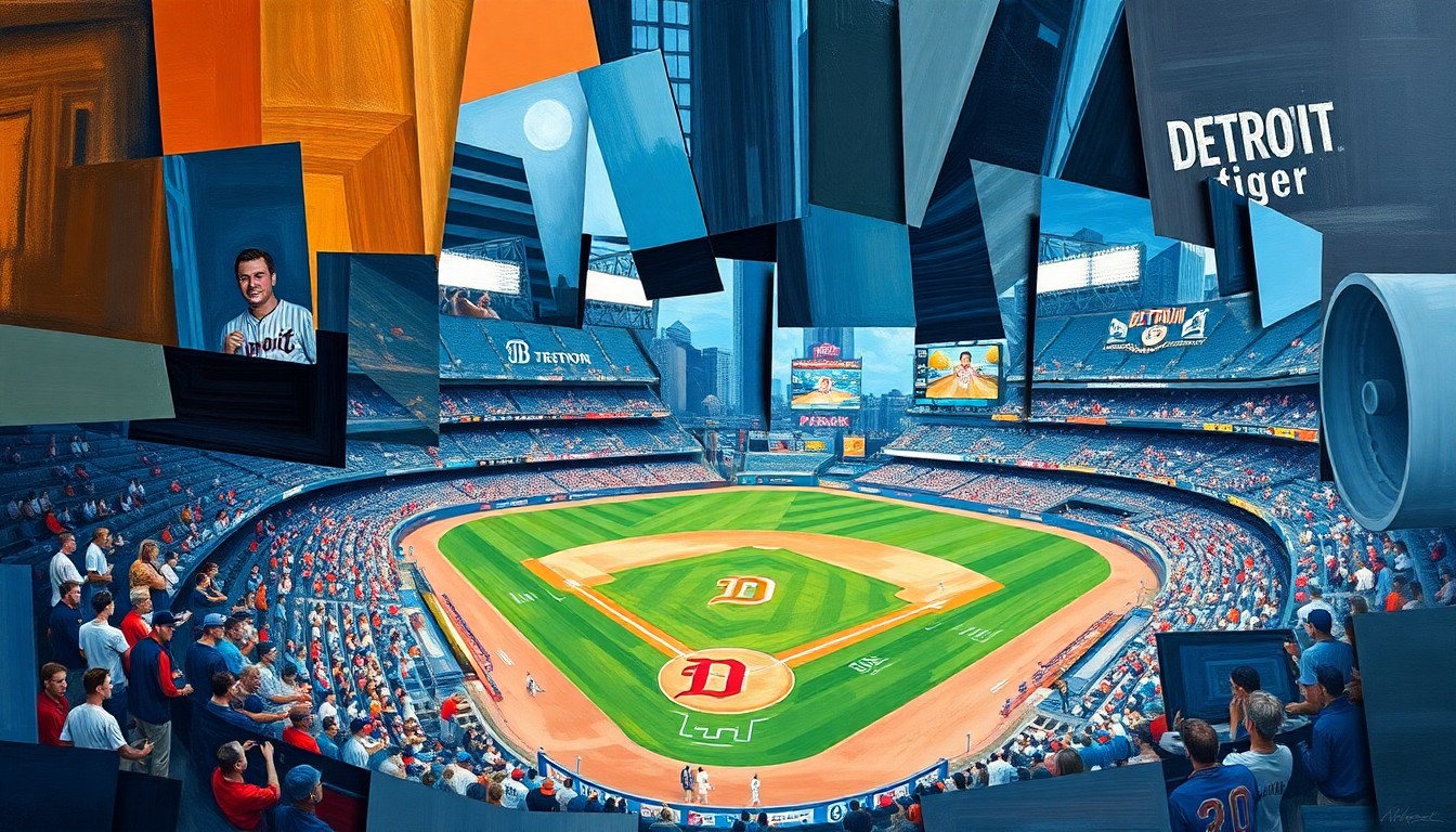 A cubist, geometric painting depicting a fragmented, multi-perspective view of a Detroit Tigers baseball game, with sharp, overlapping planes of color and form representing the dynamic nature of sports broadcasting.