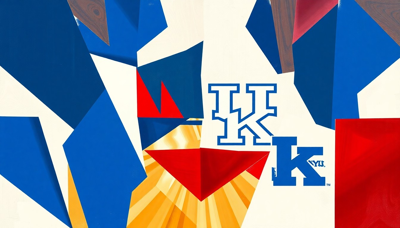 A cubist, geometric painting depicting the action of a college basketball game, with sharp, overlapping planes of royal blue, crimson red, and white, conceptually representing the strategic partnership between Collin Chandler and the BYU Cougars.