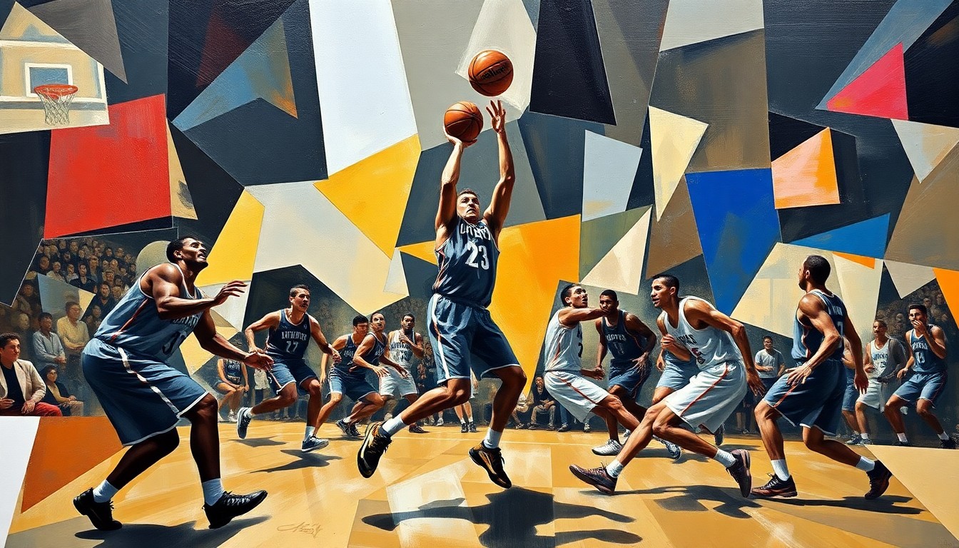 A fragmented, geometric painting depicting the dynamic movements and energy of a basketball game, with the players' forms deconstructed into sharp, overlapping planes of color and shape.