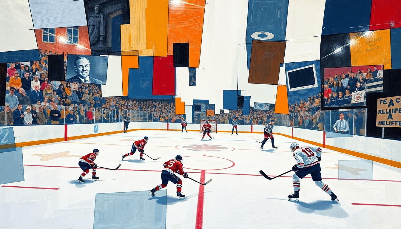 A cubist, geometric painting depicting the fragmented, overlapping movements and energy of a college hockey game, conveying the bittersweet emotions of a team's final moments together.