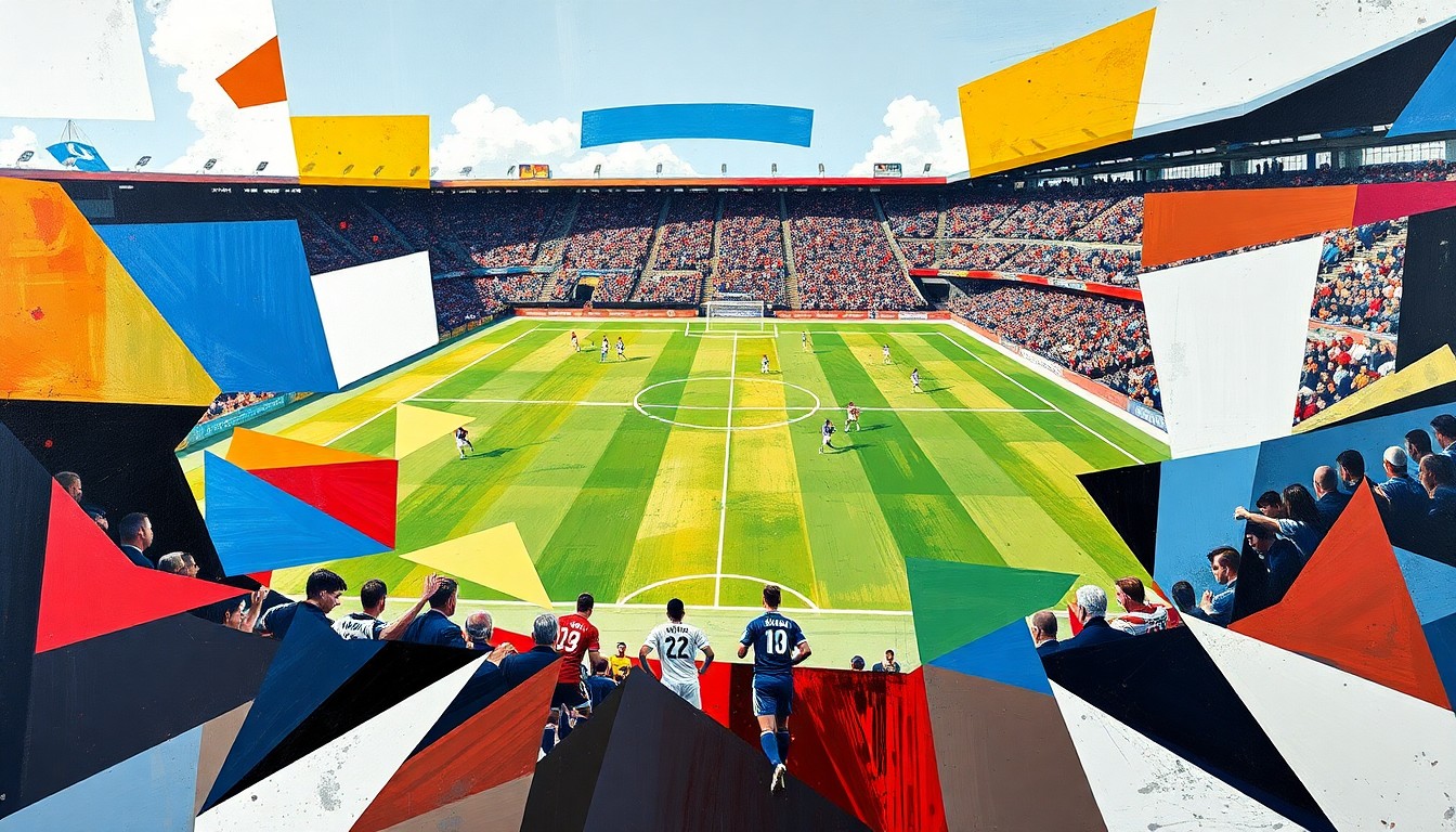 A fragmented, geometric painting depicting a soccer match, with players and the field broken down into abstract shapes and planes of color, conveying the intensity and physicality of the game.