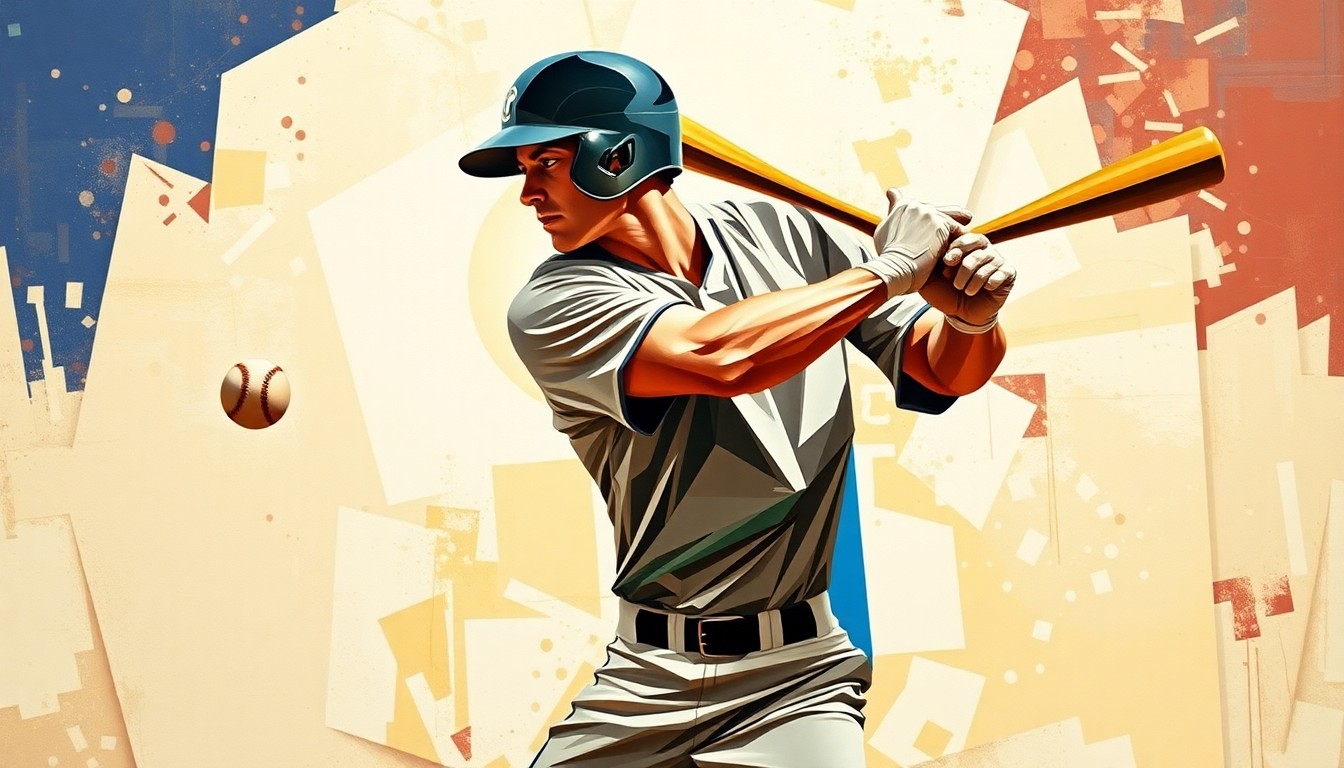 A fragmented, geometric painting depicting a baseball player mid-swing, with the player's form and the ball and bat broken down into sharp, overlapping planes of color and shape.