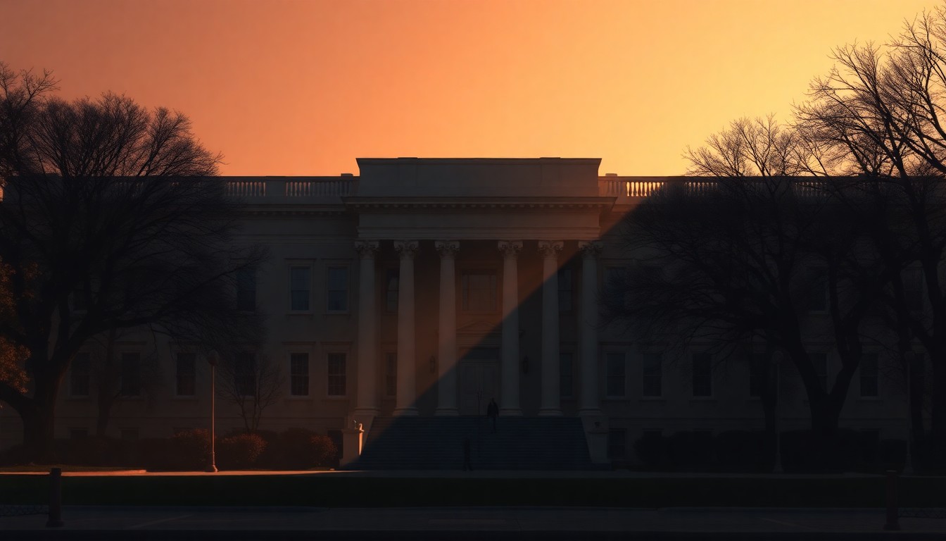 A serene, cinematic painting of the Eisenhower Executive Office Building, its ornate architecture and granite facade bathed in warm, diagonal sunlight and deep shadows, conveying the building's historic significance and the political tension surrounding its proposed renovation.