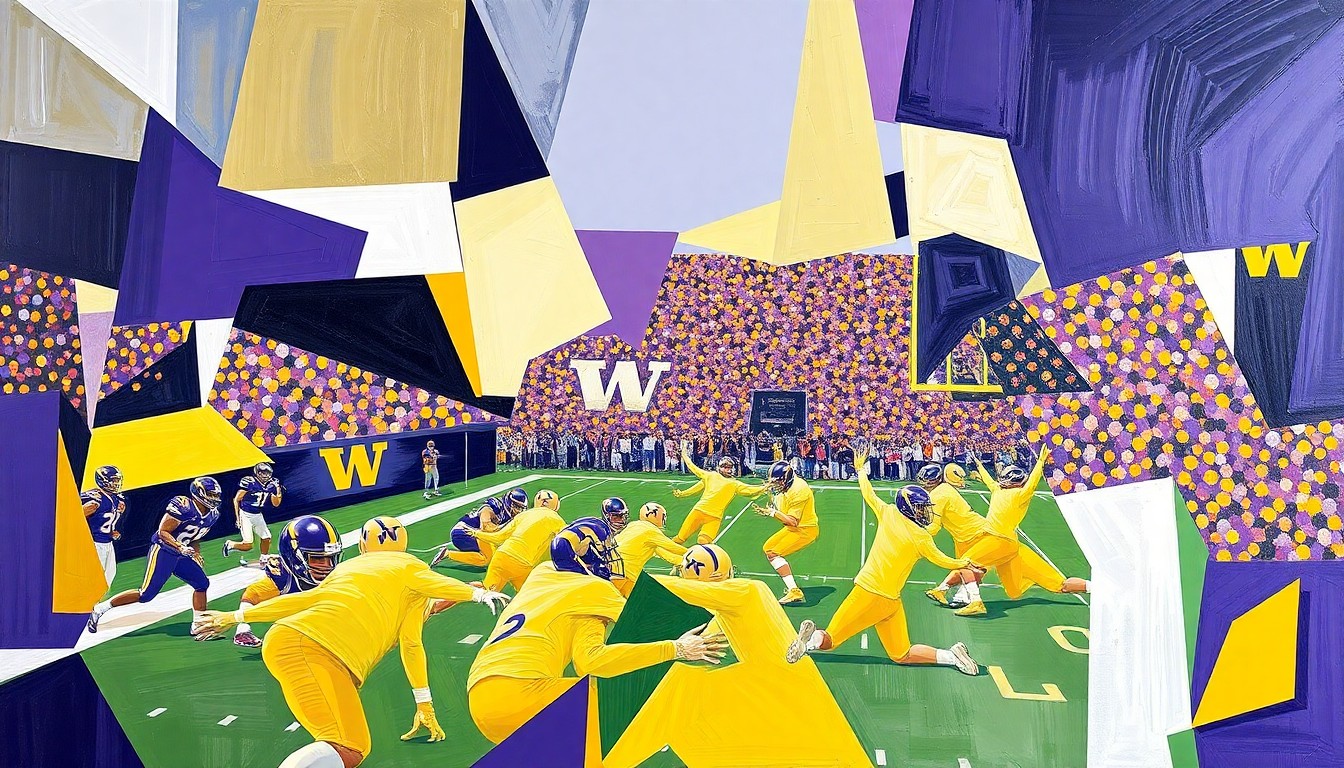 A fractured, cubist-style painting depicting a college football practice, with players and equipment broken down into sharp, overlapping geometric shapes in the Huskies' official colors of purple, gold, and white.