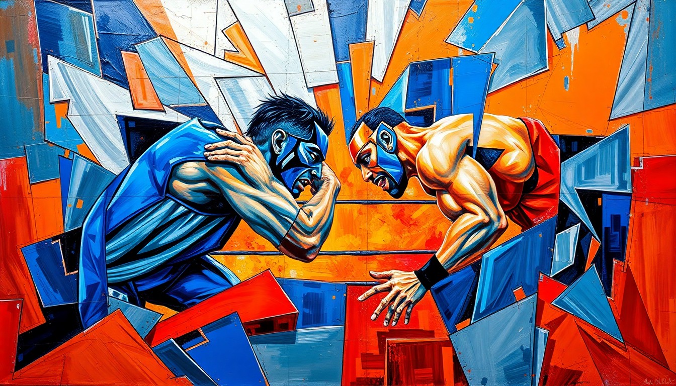A fragmented, geometric painting depicting the dynamic movements and intense energy of a professional wrestling match, with sharp planes of color and form colliding across the frame.