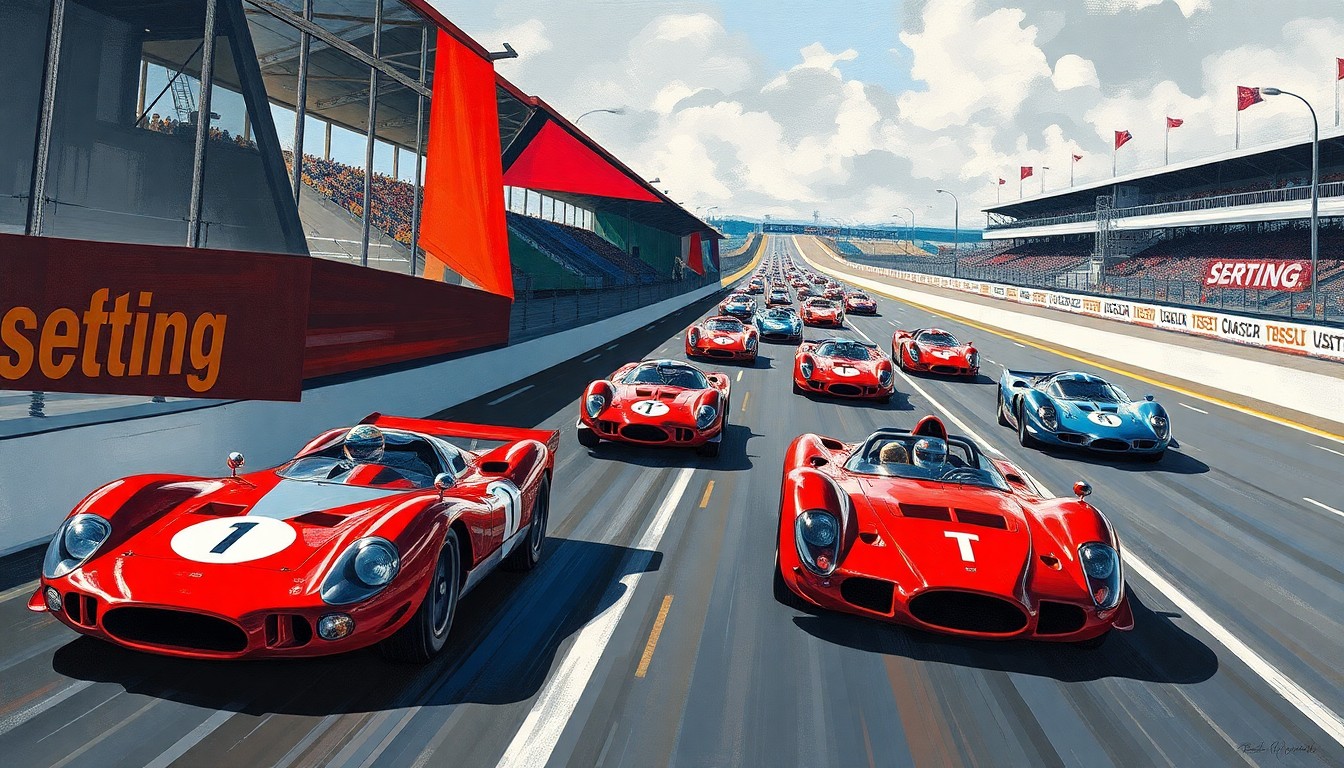A cubist, geometric painting depicting a fragmented, multi-perspective view of a sports car race, with the cars and drivers represented as sharp, overlapping shapes in a vibrant color palette, conceptually illustrating the tensions and complexities of team orders in the sport.
