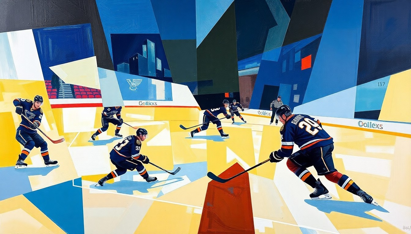 A cubist, geometric painting depicting a hockey game between the St. Louis Blues and Anaheim Ducks, with players and the puck represented as abstract shapes and forms, capturing the intensity and energy of the match.