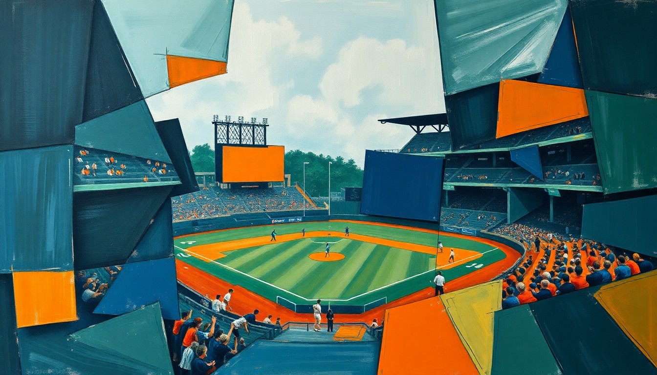 A fractured, geometric painting depicting a baseball game or match, with sharp, overlapping planes in muted colors, conceptually representing the Mets' fragmented performance and their owner's growing frustration.