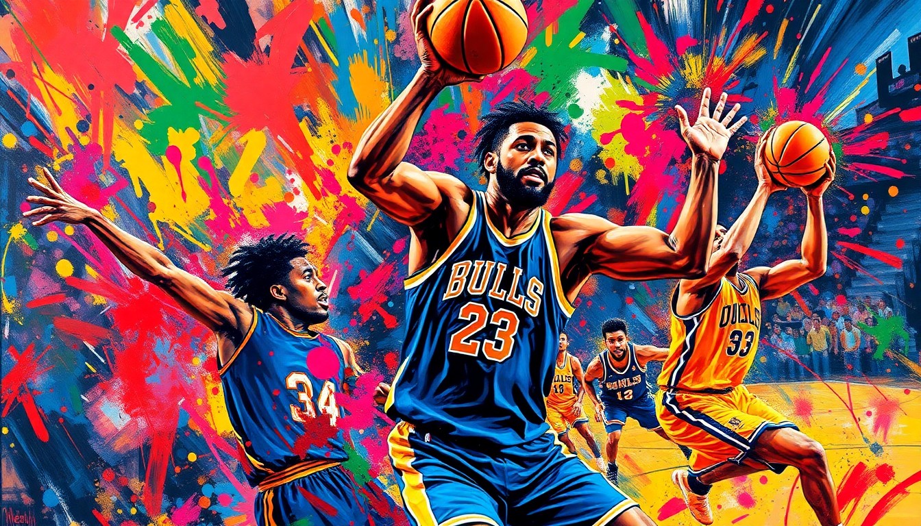 A vibrant, expressionist painting depicting the dynamic movements and energy of a basketball game, with players' forms dissolving into a kaleidoscope of neon colors and rapid brushstrokes.