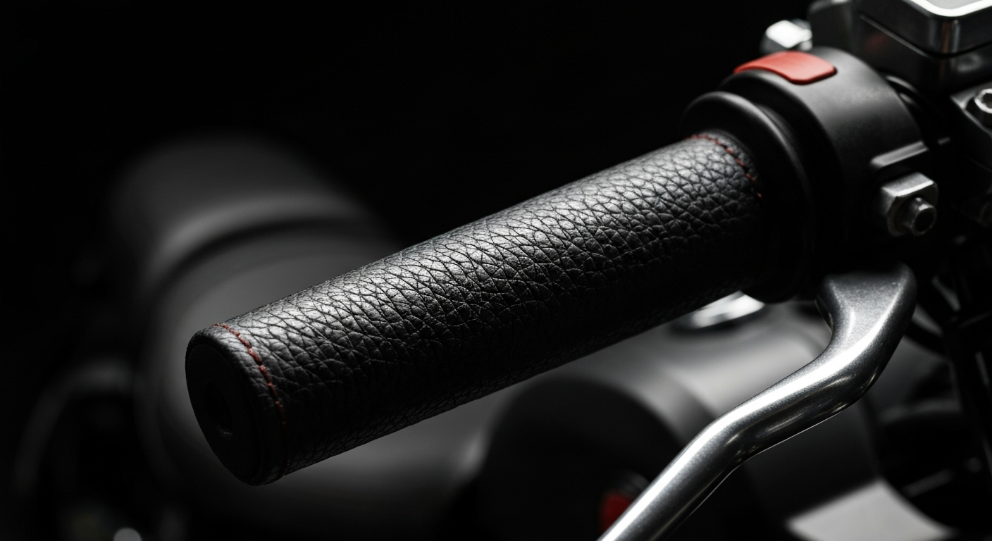 An extreme close-up of a motorcycle handlebar grip, revealing the intricate textures and colors of the pebbled leather material, conceptually representing the craftsmanship and raw materials of the motorcycle industry.
