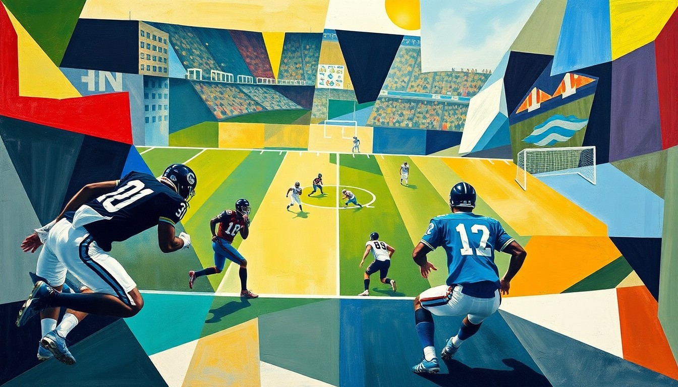 A fragmented, geometric painting in bold colors depicting a football game, with players and the field broken down into sharp, overlapping shapes that convey the intensity and strategy of the sport.