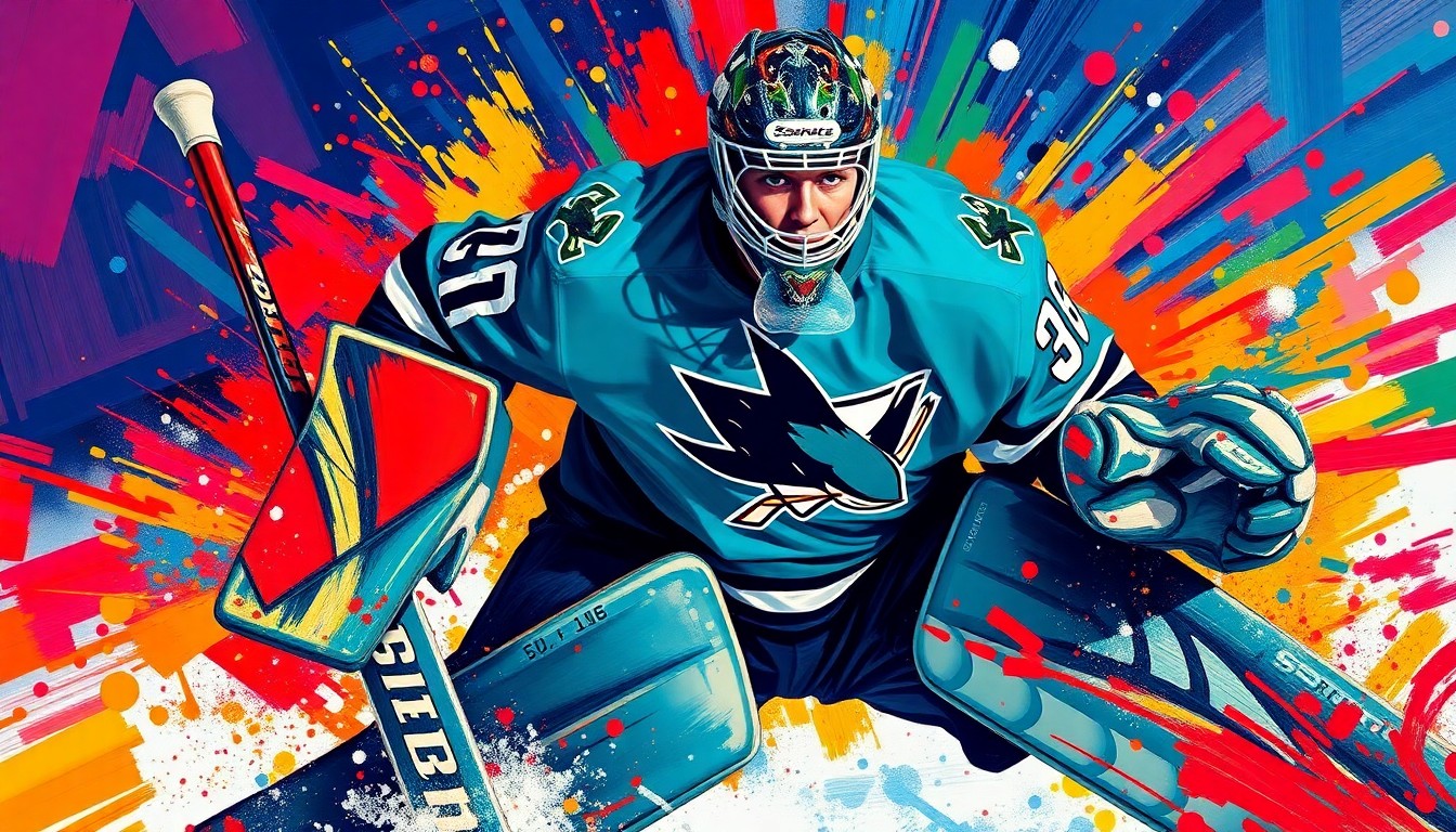 An abstract, energetic painting featuring bold, neon-colored brushstrokes that capture the dynamic movements and raw athleticism of a hockey goaltender, conveying the excitement and promise of the Sharks' Rookie of the Year.