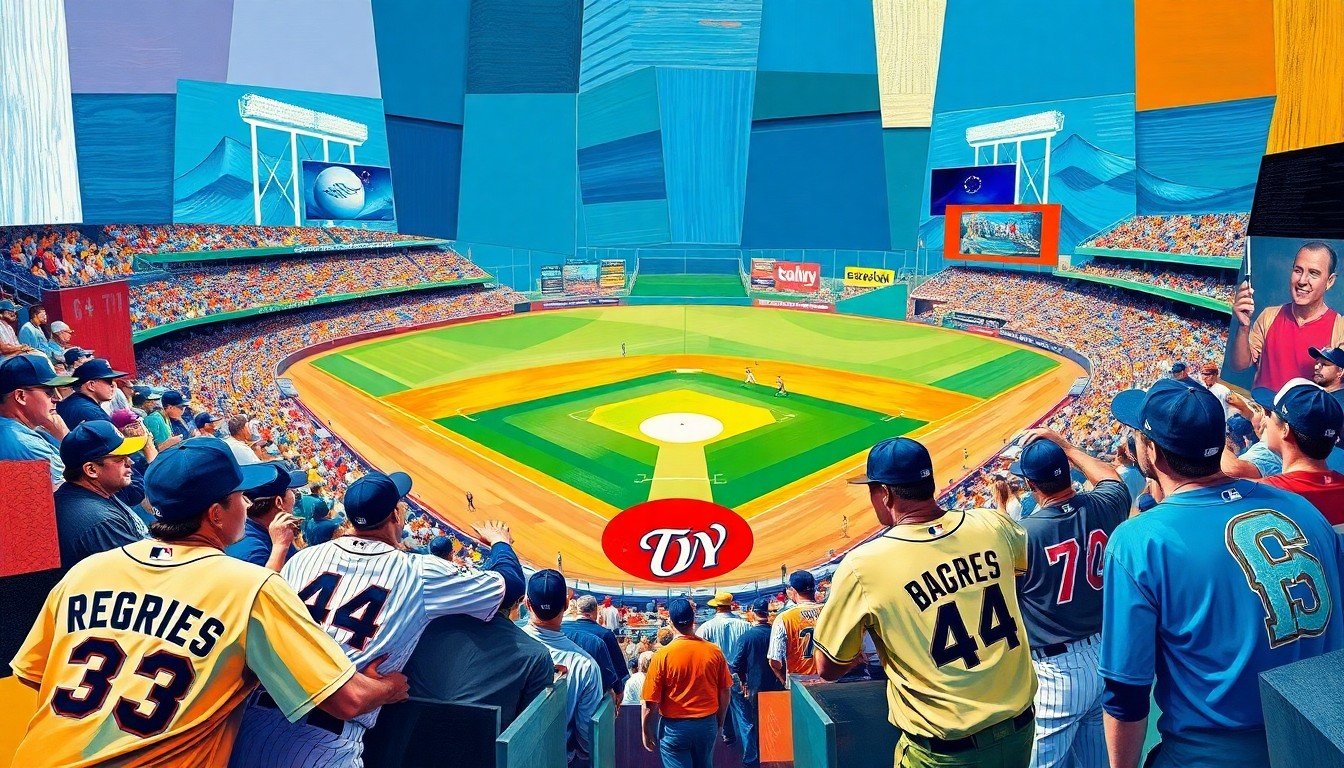 A cubist-style painting featuring overlapping geometric shapes and planes in the colors of the Rockies and Padres uniforms, capturing the dynamic action and momentum shifts of the baseball game.