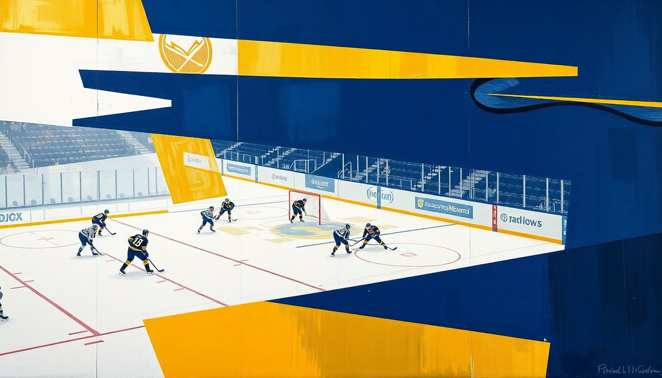 A fragmented, geometric painting in shades of navy, gold, and white, depicting a hockey game in an abstract, cubist style, with no recognizable figures or text.