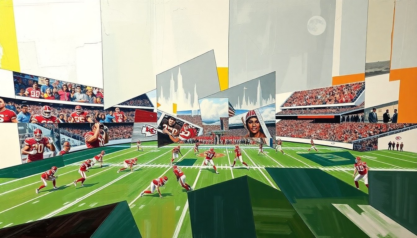 A cubist-style painting depicting a Kansas City Chiefs football game, with the players and field broken down into sharp, overlapping geometric shapes and planes in a vibrant color palette, capturing the dynamic energy of the sport.