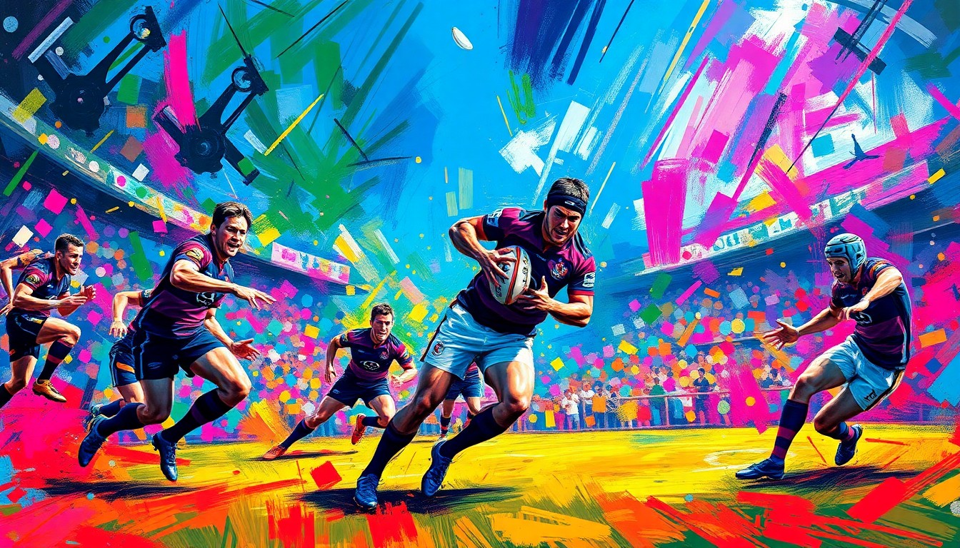 An abstract, expressionist painting in vibrant neon colors, capturing the dynamic movement and energy of a rugby league match, with players' forms dissolving into bold, gestural brushstrokes.