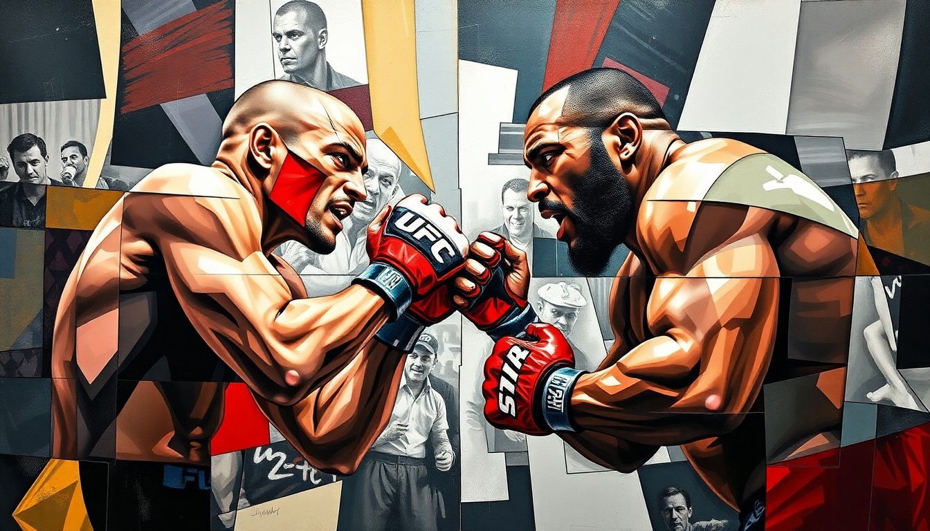 A cubist-style painting depicting a UFC heavyweight fight, with the figures of the two fighters broken down into sharp, overlapping geometric shapes and planes of color, conveying the raw power and intensity of the matchup.