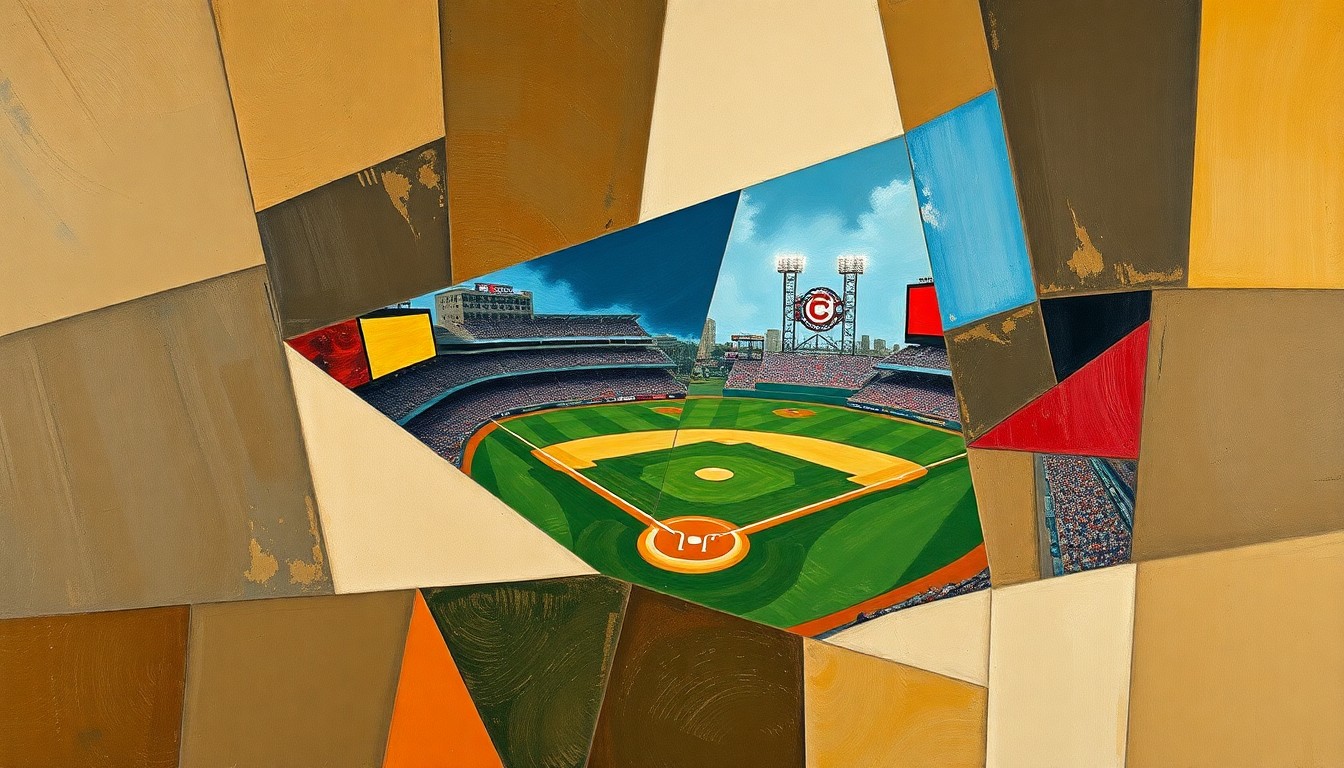 A cubist-style painting featuring overlapping geometric shapes and planes in muted earth tones, with pops of bright blue and red, capturing the fractured action of a baseball game.