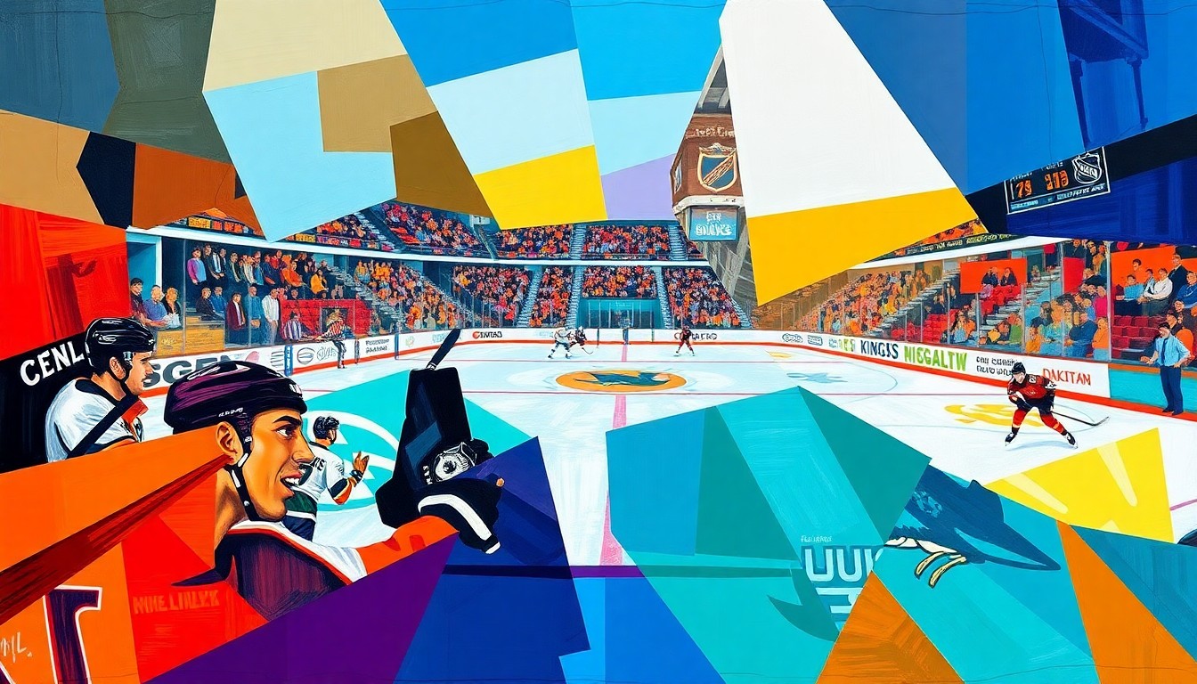 A fractured, multi-perspective painting in bold, overlapping geometric shapes and planes, depicting the intense competition between California's NHL teams as they battle for playoff positioning.