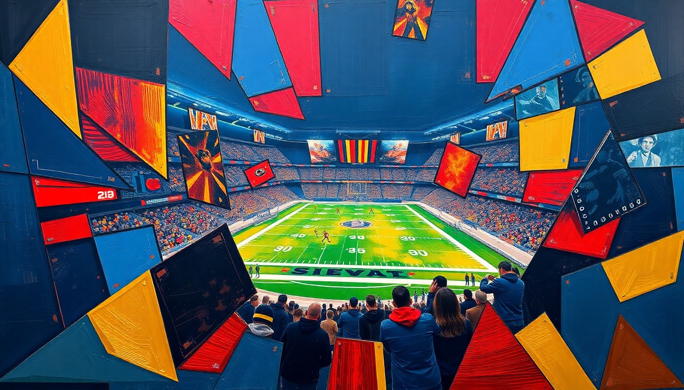 A fragmented, cubist-style painting depicting a football game or Super Bowl event, with sharp geometric shapes and planes in a vibrant color palette, conceptually representing the dynamic energy and spectacle of the big game.