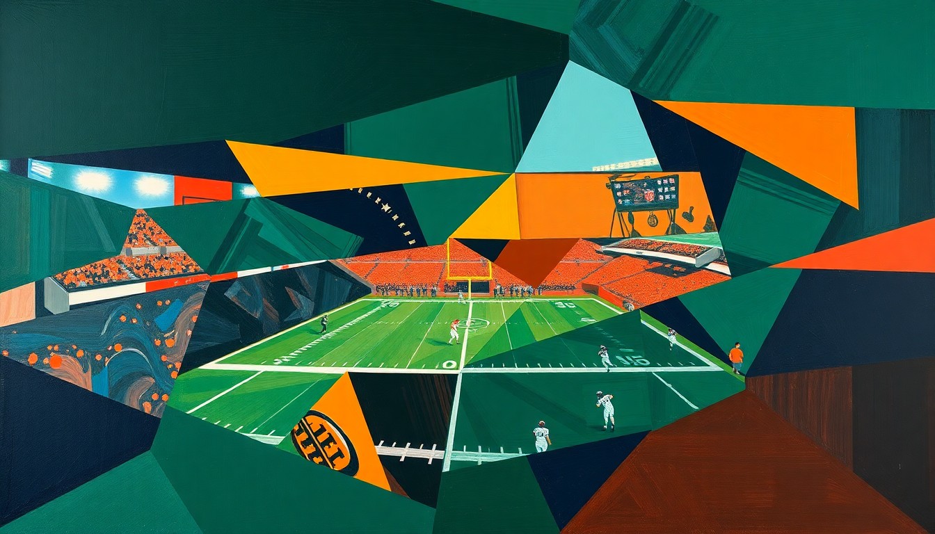 A cubist-style painting featuring fragmented, geometric shapes in shades of navy, green, and orange, conceptually representing the complex roster decisions made by NFL teams.