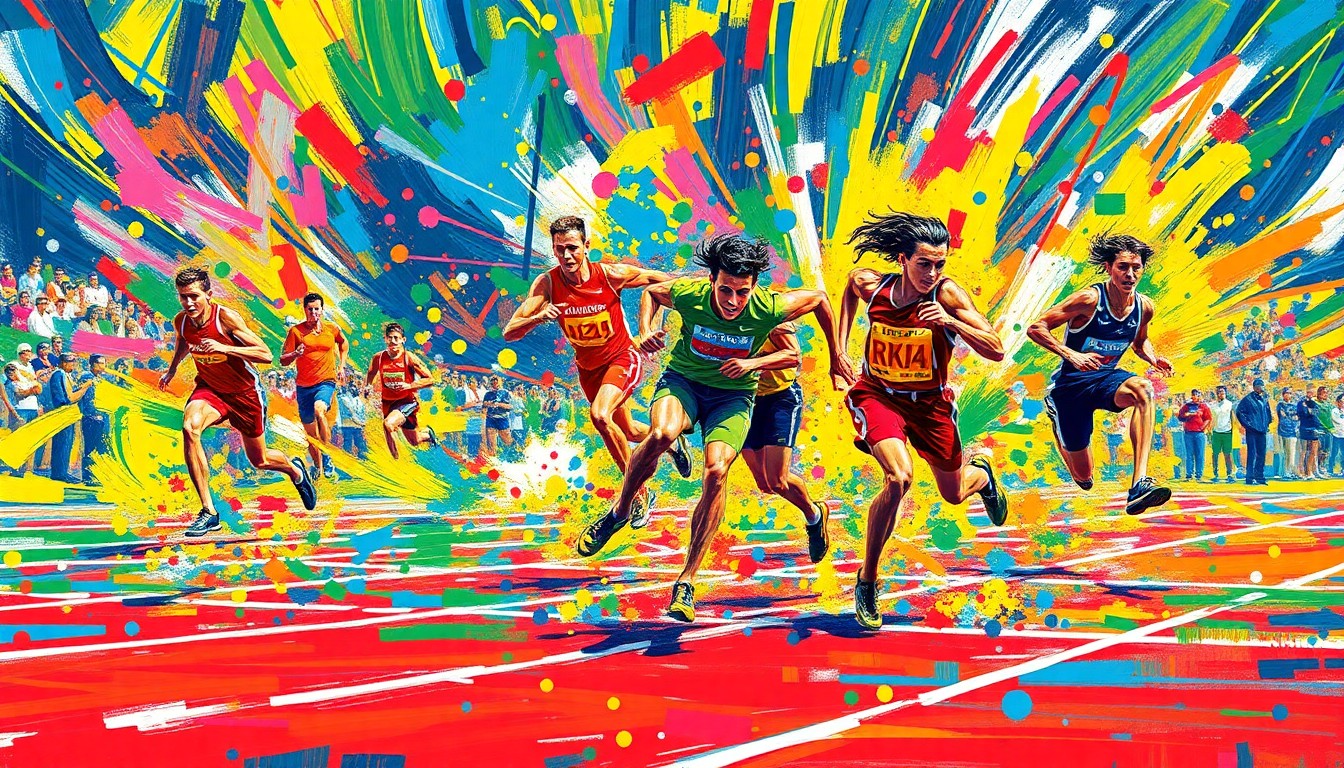 An abstract, expressionist painting in vibrant neon colors, capturing the dynamic motion and energy of a high school track and field competition, with figures and details dissolving into unrecognizable brushstrokes.