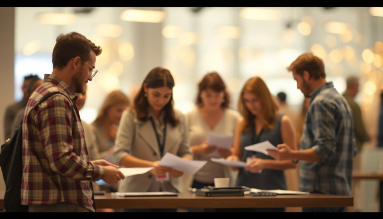 An extremely abstracted, out-of-focus photograph of a group of people gathered around a table, examining informational materials and conversing, all framed in a warm, hazy glow of bokeh light, conceptually representing the inclusive and supportive atmosphere of the Community Autism Expo.