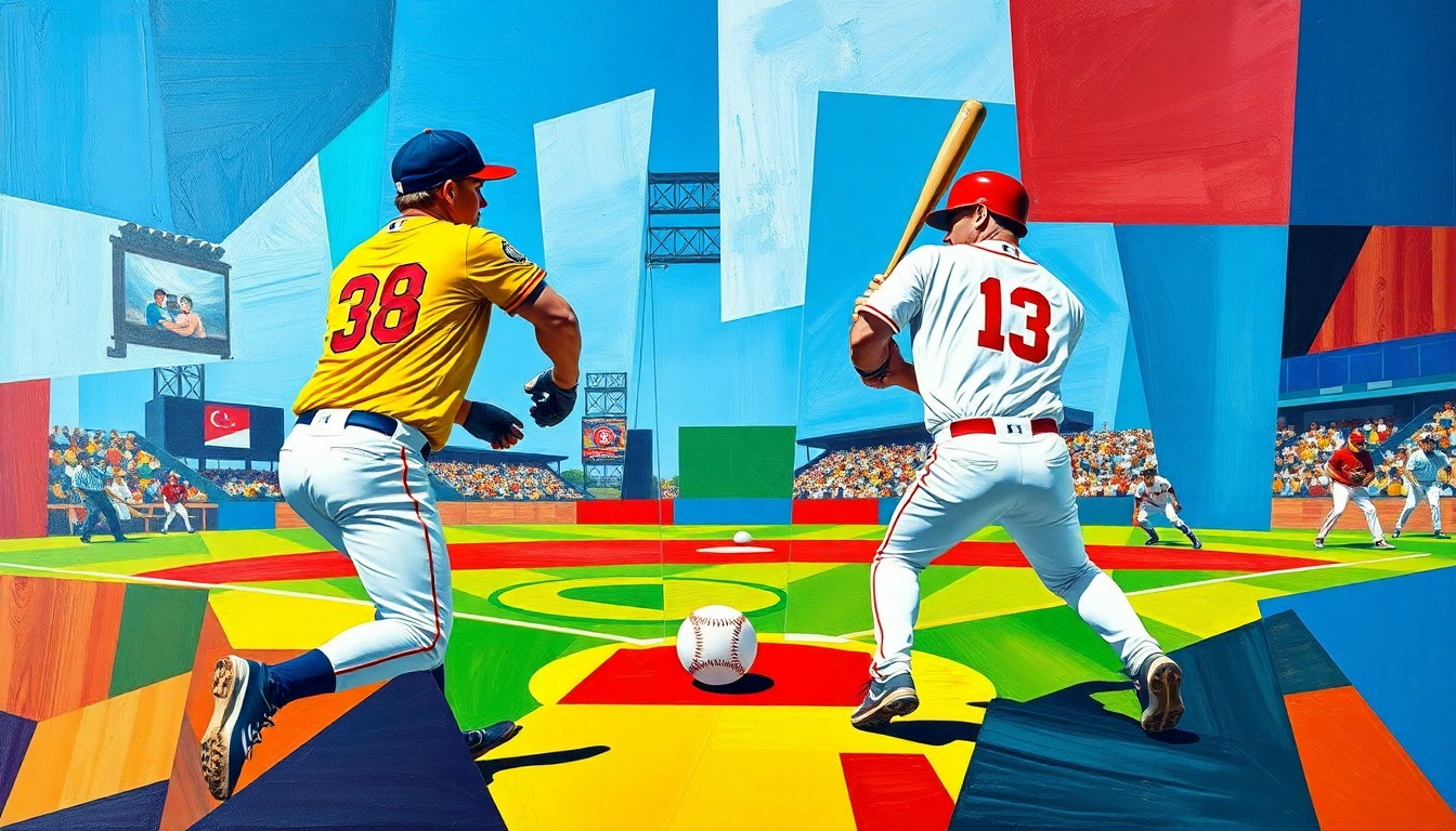 A fractured, cubist-style painting depicting the dynamic action of a baseball game, with players' forms abstracted into angular, overlapping shapes and vibrant colors creating an energetic, conceptual scene.