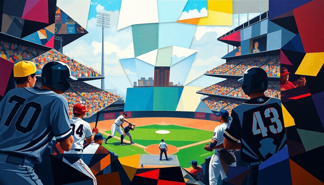 A fragmented, geometric painting depicting a baseball game in motion, with the players and field broken down into sharp, overlapping planes of color.