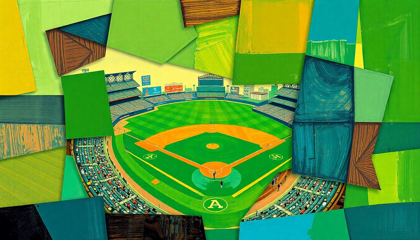 A fragmented, geometric painting depicting a baseball game, with overlapping shapes and planes in shades of green, brown, and blue, conveying the intensity and movement of the sport.