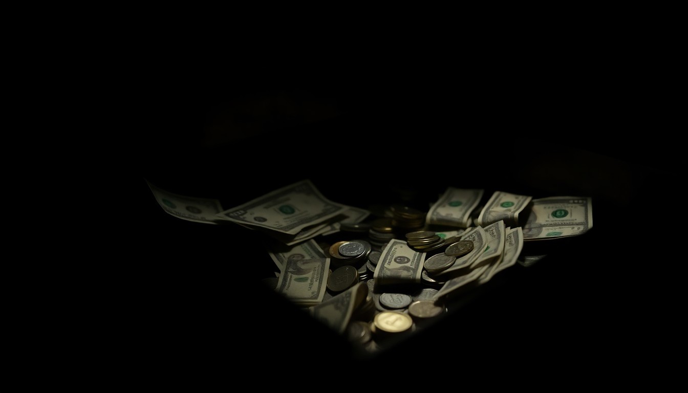 An extreme close-up photograph of a bank teller's drawer with scattered bills and coins, conveying the aftermath of a robbery through a stark, gritty visual style.