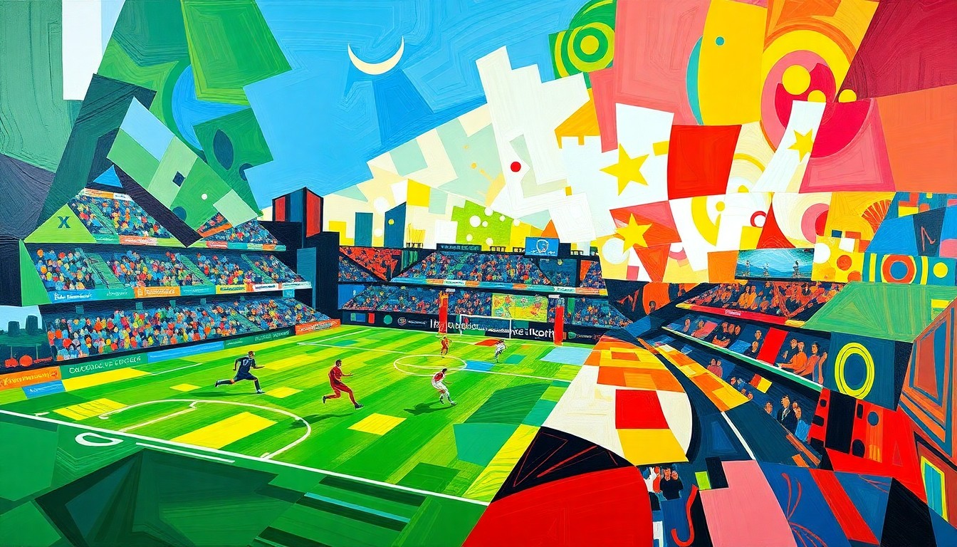 A fragmented, geometric painting in bold colors depicting the dynamic movements and competing forces of a soccer match, without any identifiable players or teams.