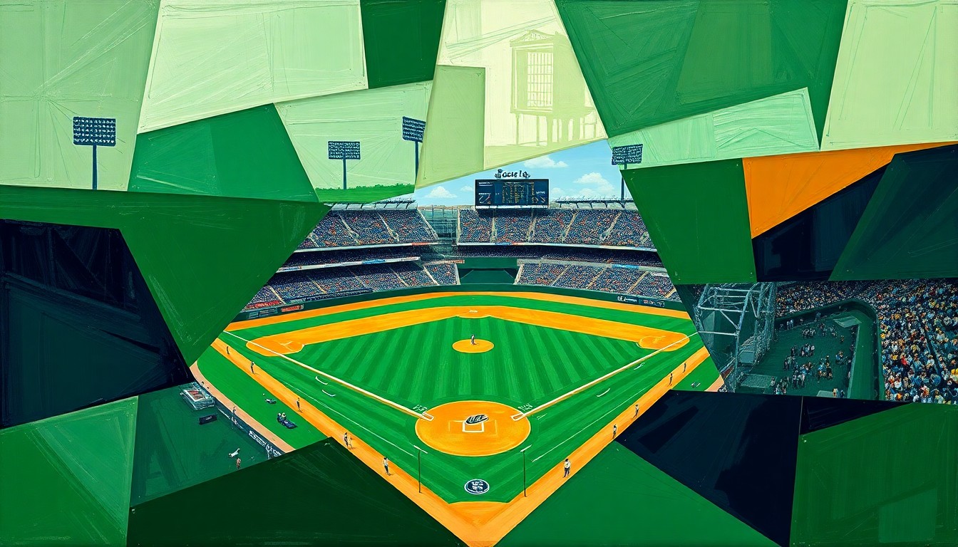 A fragmented, geometric painting in shades of green, gold, and navy blue, representing the competitive college baseball matchup between Tulane and ECU.