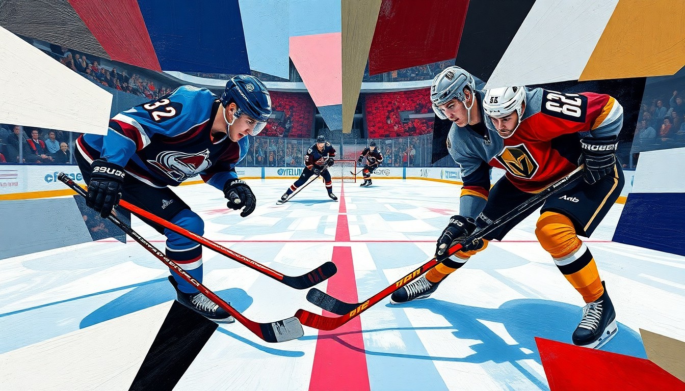 A cubist, geometric painting depicting the chaotic action of a hockey game, with fragmented shapes and colors representing the players, sticks, and ice.