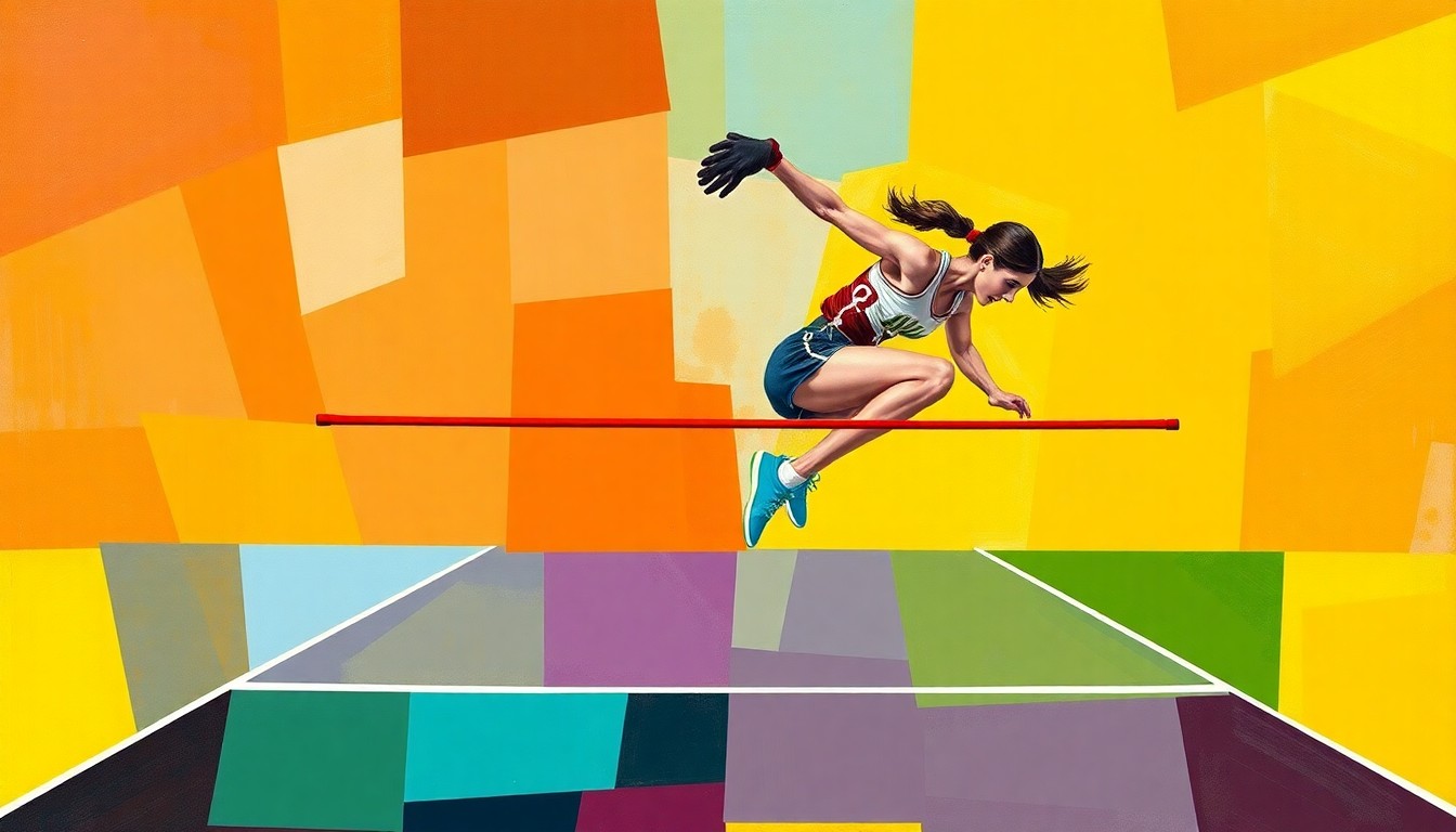 A fractured, multi-perspective painting depicting the high-jump competition, with sharp geometric planes in vibrant colors representing the athletic movements and competitive spirit of the event.