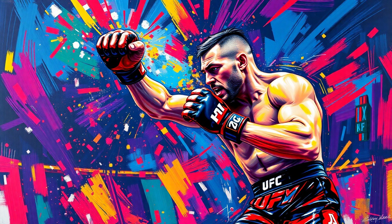 An abstract, energetic painting in neon colors depicting the powerful motion of a UFC fighter landing a knockout punch, conveying the raw intensity of the sport.